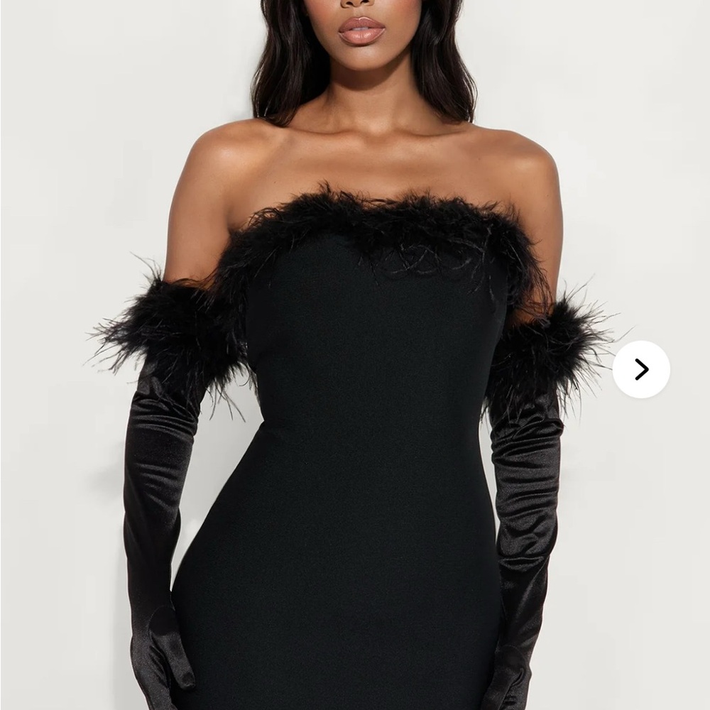Fashion Nova Black Feathered Mini Dress and Gloves